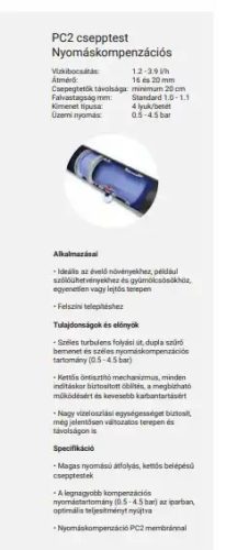 Nyomáskompenzált csepegtető cső PoliDrip PC  16mm/33cm 3,9l/h 100 fm